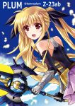  1girl :d black_ribbon blonde_hair blue_background detached_sleeves eyebrows_visible_through_hair fate_testarossa floating_hair gauntlets hair_between_eyes hair_ribbon holding holding_sword holding_weapon kanna_(plum) long_hair looking_at_viewer lyrical_nanoha miniskirt open_mouth pink_skirt pleated_skirt red_eyes ribbon skin_tight skirt sky smile solo sword twintails upper_body very_long_hair weapon 
