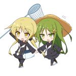  2girls :d bangs black_legwear black_sailor_collar black_serafuku black_shirt black_skirt blonde_hair blush brown_footwear butterfly_net chibi commentary_request crescent crescent_hair_ornament crescent_moon_pin eyebrows_visible_through_hair flying_sweatdrops green_eyes green_hair hair_between_eyes hair_ornament hand_holding hand_net hat highres holding ichi insect_cage kantai_collection long_hair long_sleeves low_twintails multiple_girls nagatsuki_(kantai_collection) necktie open_mouth pantyhose sailor_collar satsuki_(kantai_collection) school_uniform serafuku shirt sidelocks skirt smile straw_hat twintails very_long_hair walking white_neckwear yellow_eyes 