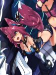 1girl :d all_fours animal_ears bangs bare_shoulders breasts cleavage elbow_gloves fang fox_ears fox_girl from_side gloves haik hair_between_eyes headgear medium_breasts open_mouth original panties redhead smile solo_focus thigh-highs underwear yellow_eyes 