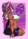  1girl ass bike_shorts black_shorts breasts cropped_legs dark_skin domino_mask ear_piercing eigaka green_eyes highres inkling large_breasts long_tongue looking_back mask older piercing pointy_ears purple_hair purple_tongue shorts silhouette sitting skindentation solo splatoon sports_bra squid tentacle_hair toned tongue tongue_out tongue_piercing under_boob undersized_clothes 