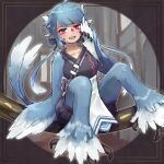  1girl :d animal_ears blue_hair ear_piercing full_body hand_up harpy highres libra_fasta_flow low_twintails monster_girl nekotsuki piercing pink_eyes pixiv_fantasia pixiv_fantasia_scepter_of_zeraldia sitting smile solo twintails wings 