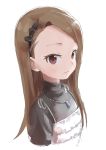  1girl absurdres bangs black_hairband brown_eyes brown_hair facial_mark forehead_mark hairband highres idolmaster idolmaster_(classic) idolmaster_2 jewelry long_hair looking_at_viewer minase_iori necklace portrait solo swept_bangs turtleneck upper_body white_background yamamoto_souichirou 