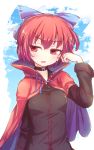  1girl black_shirt blue_bow bow cape collar dress_shirt eyebrows_visible_through_hair hair_between_eyes hair_bow hair_twirling head_tilt isu_(is88) open_mouth red_cape red_eyes redhead sekibanki shiny shiny_hair shirt short_hair solo touhou upper_body white_background 