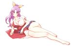  1girl bangs barefoot blush bow breasts cleavage collared_shirt covered_nipples full_body hair_bow large_breasts legs_together long_hair looking_at_viewer lying non_(z-art) on_side parted_bangs ponytail purple_hair red_eyes shirt short_sleeves simple_background solo touhou watatsuki_no_yorihime white_background 