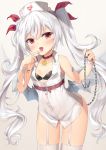  1girl :d azur_lane bandaid_on_arm bangs bare_shoulders bat_wings beige_background black_bikini_top black_panties blush breasts chains choker collarbone commentary_request cowboy_shot dress eyebrows_visible_through_hair fang finger_to_mouth fingernails fujieda_uzuki garter_straps gluteal_fold gradient gradient_background grey_wings hair_between_eyes hair_ribbon hat heart highres leaning_forward long_hair looking_at_viewer low_wings metal_wings nurse_cap open_mouth panties red_choker red_eyes red_ribbon ribbon saliva saliva_trail see-through silver_hair sleeveless sleeveless_dress small_breasts smile solo thigh-highs tongue tongue_out twintails underwear vampire_(azur_lane) very_long_hair white_dress white_hat white_legwear wings 