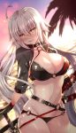  1girl ahoge bangs bikini black_bikini black_gloves black_jacket blush breasts brown_eyes cleavage commentary_request dutch_angle eyebrows_visible_through_hair fate/grand_order fate_(series) gloves hair_between_eyes head_tilt highres horizon jacket jeanne_d&#039;arc_(alter_swimsuit_berserker) jeanne_d&#039;arc_(fate)_(all) katana large_breasts long_hair long_sleeves looking_at_viewer navel o-ring o-ring_bikini o-ring_bottom o-ring_top ocean outdoors palm_tree parted_lips silver_hair sky smile solo sun sunset swimsuit sword tree very_long_hair water weapon xephonia 