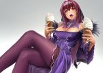  1girl :o breasts cleavage dress fate/grand_order fate_(series) food food_on_breasts gradient gradient_background grey_background ice_cream ice_cream_cone long_hair looking_at_viewer open_mouth pantyhose purple_dress purple_hair purple_legwear red_eyes scathach_(fate)_(all) scathach_skadi_(fate/grand_order) soft_serve solo tongue white_background yamaneko_(tkdrumsco) 