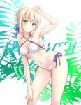  1girl ahoge artoria_pendragon_(all) artoria_pendragon_(swimsuit_archer) bare_arms bare_shoulders bikini blonde_hair braid breasts collarbone commentary_request cowboy_shot criss-cross_halter fate/grand_order fate_(series) green_eyes halterneck leaning_forward looking_at_viewer medium_breasts midriff ribbon sidelocks smile solo swimsuit thighs u0709 white_bikini 