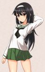  1girl arm_behind_head bangs black_hair black_neckwear blouse brown_eyes chawan_(yultutari) clenched_hand closed_mouth commentary cowboy_shot frown girls_und_panzer green_skirt grey_background hairband highres long_hair long_sleeves looking_at_viewer miniskirt motion_lines neckerchief ooarai_school_uniform pleated_skirt reizei_mako school_uniform serafuku skirt solo standing traditional_media white_blouse white_hairband 