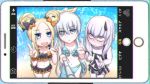  3girls :d abigail_williams_(fate/grand_order) anastasia_(fate/grand_order) bangs bare_arms bare_shoulders beach bikini black_bikini black_bow blonde_hair blue_bikini blue_eyes blush bow breasts cellphone_picture chromatic_aberration closed_mouth collarbone commentary_request day double_bun double_v emerald_float eyebrows_visible_through_hair eyes_visible_through_hair fang fate/grand_order fate_(series) fingernails forehead frilled_bikini frills hair_between_eyes hair_bow hair_over_one_eye hair_ribbon hands_up high_ponytail highres holding horn lavinia_whateley_(fate/grand_order) multiple_girls navel neon-tetora nose_blush open_mouth orange_bow outdoors pale_skin parted_bangs polka_dot polka_dot_bow ponytail ribbon sand selfie_stick side_bun silver_hair small_breasts smile standing sweat swimsuit translated v violet_eyes water yellow_ribbon 