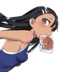  1girl 774_(nanashi) black_hair breasts brown_eyes commentary_request dark_skin ear_clip food_in_mouth hair_ornament hairclip ijiranaide_nagatoro-san long_hair looking_at_viewer mouth_hold nagatoro one-piece_swimsuit school_swimsuit simple_background small_breasts solo swimsuit upper_body white_background 