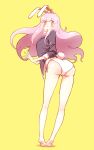 1girl animal_ears ass bangs bare_legs barefoot blazer blunt_bangs blush breasts bunny_tail collared_shirt from_behind highres jacket long_hair looking_at_viewer looking_back medium_breasts non_(z-art) open_mouth panties pink_hair rabbit_ears red_eyes reisen_udongein_inaba shirt side-tie_panties simple_background solo standing tail touhou underwear white_panties yellow_background 