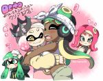 4girls agent_3_(splatoon) agent_8 commentary_request crown dark_skin domino_mask eromame hug inkling jewelry marina_(splatoon) mask midriff mole mole_under_mouth multicolored multicolored_skin multiple_girls octarian octoling one_eye_closed pearl_(splatoon) pink_hair pointy_ears shirt smile splatoon splatoon_2 splatoon_2:_octo_expansion squidbeak_splatoon suction_cups tank_top tentacle_hair translated