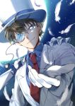  1boy blue_eyes blue_shirt brown_hair cape dreaming182 formal hat highres jacket kaitou_kid looking_at_viewer magic_kaito monocle necktie outstretched_arm red_neckwear shirt smile solo upper_body white_cape white_feathers white_hat white_jacket 
