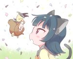  2girls :o animal_ears black_legwear blue_hair blush_stickers brown_eyes brown_hair cat_ears chibi commentary confetti fang grey_sailor_collar grey_skirt hamster_ears hamster_tail izumi_kirifu kemonomimi_mode kunikida_hanamaru long_hair looking_at_another love_live! love_live!_sunshine!! miniskirt multiple_girls pantyhose pleated_skirt sailor_collar seed side_bun skirt sunflower_seed symbol_commentary tail tsushima_yoshiko upside-down violet_eyes 