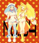  :d ;d arms_at_sides azumarill blonde_hair blue_legwear blush boots breasts cleavage clenched_hand creatures_(company) dress game_freak gen_2_pokemon gloves hand_holding hand_up hat long_hair low-tied_long_hair nintendo one_eye_closed open_mouth pokemon polka_dot polka_dot_background red_background red_neckwear sailor_dress sailor_hat smile thigh-highs twintails white_footwear white_gloves white_hat yellow_eyes yellow_footwear 