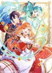  1girl 2boys :d black_hair blue_eyes blue_hair braid copyright_name dress flower hair_between_eyes hand_up holding holding_hair holding_sword holding_weapon long_hair long_sleeves looking_at_viewer mou_(mooooow) multiple_boys open_mouth orange_hair original puffy_sleeves red_dress red_ribbon ribbon smile standing sword violet_eyes watermark weapon yellow_eyes 