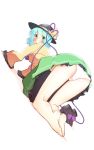  1girl all_fours aqua_hair ass bare_legs barefoot blush from_behind full_body green_eyes hat hat_ribbon heart heart_of_string highres komeiji_koishi legs_together looking_at_viewer looking_back non_(z-art) open_mouth panties ribbon shirt shoes_removed short_hair simple_background skirt solo third_eye touhou underwear white_background white_panties wide_sleeves 