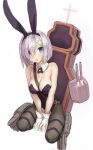  1girl animal_ears between_breasts black_leotard black_ribbon bow bowtie breasts bunny_tail bunnysuit detached_collar full_body gloves goekawa hair_ornament hair_over_one_eye hairclip hamakaze_(kantai_collection) kantai_collection kneeling large_breasts leotard looking_at_viewer machinery neck_ribbon pantyhose rabbit_ears ribbon short_hair silver_hair simple_background solo strap_cleavage strapless strapless_leotard tail white_background white_gloves 