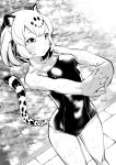  1girl alternate_costume animal_ears bare_shoulders blonde_hair commentary_request fukushima_masayasu greyscale highres interlocked_fingers jaguar_(kemono_friends) jaguar_ears jaguar_print jaguar_tail kemono_friends monochrome multicolored_hair one-piece_swimsuit poolside short_hair sleeveless solo stretch swimsuit tail water_drop wet wet_clothes 