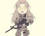  1girl :d assault_rifle bangs camouflage chibi commentary dagger earrings fingerless_gloves gloves grey_background gun holding holding_gun holding_weapon jewelry knife limited_palette long_hair looking_at_viewer open_mouth parted_bangs pointy_ears princess_zelda rifle setz simple_background smile solo spot_color standing symbol_commentary the_legend_of_zelda triforce trigger_discipline weapon weapon_request yellow_eyes 
