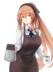 10eki_(tenchou) 1girl alternate_costume alternate_hairstyle apron bangs blush breasts brown_apron brown_hair coffee_mug coffee_pot cup eyebrows_visible_through_hair flying_heart girls_frontline green_eyes hair_between_eyes hair_ribbon hair_rings highres holding holding_cup holding_pot large_breasts long_hair long_sleeves looking_at_viewer m1903_springfield_(girls_frontline) mug open_mouth pants ponytail ribbon shirt sidelocks simple_background single_stripe smile solo white_background white_shirt 