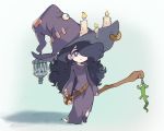  1girl belt big_hair blue_background blue_eyes boots bright_pupils candle chibi closed_mouth commentary dress english_commentary hair_over_one_eye hat holding lantern lizard long_hair looking_at_viewer one_eye_covered original purple_dress purple_footwear purple_hair purple_hat solo staff standing vial vins-mousseux witch witch_hat 
