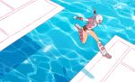  1girl commentary english_commentary gurihiru gwen_poole gwenpool jumping leotard marvel mask pages pink_footwear pool shin_guards shoes smile sneakers superhero water 