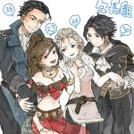  2boys 2girls bare_shoulders blonde_hair blush braid braided_ponytail brown_hair closed_eyes cyrus_(octopath_traveler) dancel dancer fur_trim gloves h&#039;aanit_(octopath_traveler) highres jewelry long_hair multiple_boys multiple_girls navel octopath_traveler olberic_eisenberg ponytail primrose_azelhart rico_ot short_hair simple_background single_braid smile weapon 