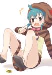  /\/\/\ 1girl bare_legs blue_hair blush buchi_(y0u0ri_) commentary_request eyebrows_visible_through_hair fang geta highres hood hoodie japari_coin kemono_friends long_sleeves neck_ribbon open_mouth ribbon sandals short_hair snake_tail solo striped sweatdrop tail tengu-geta tsuchinoko_(kemono_friends) 