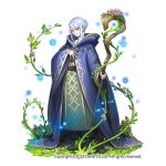  androgynous blue_cloak brown_footwear cloak flower grass hand_up holding holding_staff light_blue_hair looking_at_viewer mochaabx official_art othellonia plant pointy_ears robe sidelocks staff standing vines watermark white_background wide_sleeves 