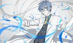  1boy aqua_eyes blue_hair glasses highres kaito labcoat looking_at_viewer male_focus necktie science smile test_tube vocaloid waistcoat 