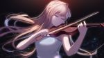  1girl bangs blonde_hair closed_eyes dress floating_hair highres holding holding_instrument instrument long_hair music nagisa_kaworu playing_instrument shigatsu_wa_kimi_no_uso sleeveless sleeveless_dress smile solo strapless strapless_dress swept_bangs upper_body very_long_hair violin white_dress yuuta_(806350354) 