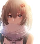  1girl bare_shoulders blush brown_eyes brown_hair closed_mouth hair_ornament kantai_collection looking_at_viewer rinto_(rint_rnt) scarf sendai_(kantai_collection) simple_background smile solo tassel tears two_side_up upper_body white_background white_scarf 