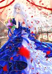  1girl azur_lane backless_dress backless_outfit bangs bare_shoulders belfast_(azur_lane) blue_dress blue_eyes blue_ribbon blurry blurry_background blurry_foreground blush bouquet breasts brown_flower brown_rose closed_mouth commentary_request detached_sleeves dress earrings eyebrows_visible_through_hair flower glint hair_between_eyes head_tilt highres holding holding_bouquet indoors jewelry large_breasts long_hair looking_at_viewer looking_back petals pink_flower pink_rose purple_flower purple_rose red_ribbon ribbon rose see-through silver_hair smile solo stairs standing strapless strapless_dress swordsouls tiara veil very_long_hair yellow_flower 