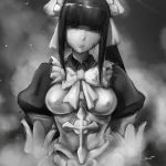  1girl bangs blood blood_on_face breasts cross darren_geers greyscale half-closed_eyes head_tilt highres long_hair looking_at_viewer maid maid_headdress medium_breasts monochrome narberal_gamma overlord_(maruyama) puffy_sleeves solo 