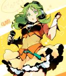  1girl belt breasts catgirl0926 character_name covered_navel frilled_skirt frills from_below goggles goggles_on_head green_eyes green_hair gumi headphones holding holding_microphone medium_breasts microphone open_mouth skirt solo vocaloid wrist_cuffs 