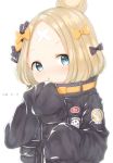  1girl :o abigail_williams_(fate/grand_order) bangs black_bow black_jacket blonde_hair blue_eyes blush bow crossed_bandaids dated eyebrows_visible_through_hair fate/grand_order fate_(series) hair_bow hair_bun hands_up head_tilt jacket long_hair long_sleeves looking_at_viewer orange_bow parted_bangs parted_lips parusu_(ehyfhugj) polka_dot polka_dot_bow simple_background sleeves_past_fingers sleeves_past_wrists solo white_background 