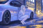  1girl bare_shoulders blue_hair building car closed_eyes closed_mouth commentary_request dress ground_vehicle high_heels highres long_hair momo_hiki motor_vehicle night original personification road shawl solo squatting street urban 