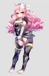  1girl armor black_armor black_hairband bow breasts cleavage closed_eyes elbow_gloves female_my_unit_(fire_emblem_if) fire_emblem fire_emblem_if full_body gloves grey_background hair_bow hairband long_hair medium_breasts my_unit_(fire_emblem_if) negiwo pink_hair pointy_ears red_eyes simple_background solo standing twitter_username white_bow white_gloves 