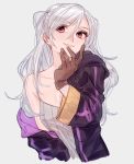  1girl bare_shoulders breasts camisole cleavage female_my_unit_(fire_emblem:_kakusei) fire_emblem fire_emblem:_kakusei gloves grey_background hooded_robe itou_(very_ito) leather leather_gloves medium_breasts my_unit_(fire_emblem:_kakusei) off_shoulder red_eyes robe silver_hair simple_background smile solo spaghetti_strap twintails upper_body wide_sleeves 