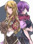  2girls aiueo1234853 back-to-back blonde_hair blue_eyes closed_mouth dress elbow_gloves fingerless_gloves fire_emblem fire_emblem:_shin_monshou_no_nazo from_side gloves highres katarina_(fire_emblem) kuraine long_hair multiple_girls purple_hair red_scarf scarf short_hair short_sleeves 