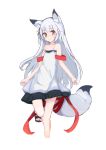 1girl animal_ear_fluff animal_ears brown_eyes dress fox_ears fox_girl fox_tail kan_yuuji long_hair looking_at_viewer original red_ribbon ribbon sandals silver_hair simple_background smile solo standing standing_on_one_leg strap_slip tail tail_ribbon white_background 