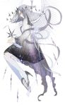  1girl beads fantasy full_body gradient_dress hair_beads hair_ornament high_heels long_hair long_sleeves looking_to_the_side original pantyhose profile silver_hair silver_ribbon silver_shoes solo star starry_sky_print vertigowitch white_legwear 