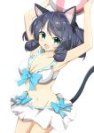  animal_ears armpits arms_up ball beachball blue_ribbon breasts cat_ears cat_tail cleavage cyan_(show_by_rock!!) dark_blue_hair eyebrows_visible_through_hair green_eyes highres luluhavinera open_mouth ribbon show_by_rock!! swimsuit swimsuit_skirt tail white_swimsuit 