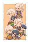  3boys 3girls all_fours black_eyes black_hair book boots chibi cloak closed_eyes dark_persona father_and_daughter female_my_unit_(fire_emblem:_kakusei) fire fire_emblem fire_emblem:_kakusei fire_emblem_heroes gimurei gloves highres leather leather_gloves mark_(female)_(fire_emblem) mark_(male)_(fire_emblem) mother_and_son multiple_boys multiple_girls multiple_persona my_unit_(fire_emblem:_kakusei) open_mouth orange_background orange_eyes pants purple_fire red_eyes robe scroll short_hair shunrai simple_background sitting_on_books smile twintails two-tone_background white_background white_hair 