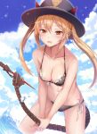  1girl bangs bikini blue_sky blush breasts cleavage clouds collarbone cowboy_shot demon_horns fangs frilled_bikini_top girls_frontline half-closed_eyes hat heifetz holding_tail horns leaning_forward light_particles m870_(girls_frontline) mechanical_tail medium_breasts open_mouth outdoors partially_submerged remington_870_(girls_frontline) shiny shiny_skin side-tie_bikini sidelocks sky solo sparkle splashing swimsuit tail thighs twintails 