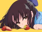  1girl black_hair blue_bow blue_shirt blush bow brown_eyes close-up commentary_request eyebrows_visible_through_hair food fruit hair_bow half_updo idolmaster idolmaster_cinderella_girls idolmaster_cinderella_girls_starlight_stage kirarin369 long_hair looking_at_viewer lying shirt simple_background solo strawberry tachibana_arisu yellow_background 