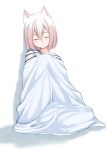  1girl against_wall animal_ears blanket closed_eyes commentary_request facing_viewer highres original parted_lips pink_hair shirt sitting sleeping solo striped striped_shirt suzunari_arare white_background white_shirt yuki_arare 