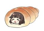 1girl :d =_= ahoge bang_dream! bangs bd_ayknn blush brown_hair chocolate_cornet closed_eyes copyright_request food hands in_food open_mouth short_hair simple_background smile solo ushigome_rimi white_background